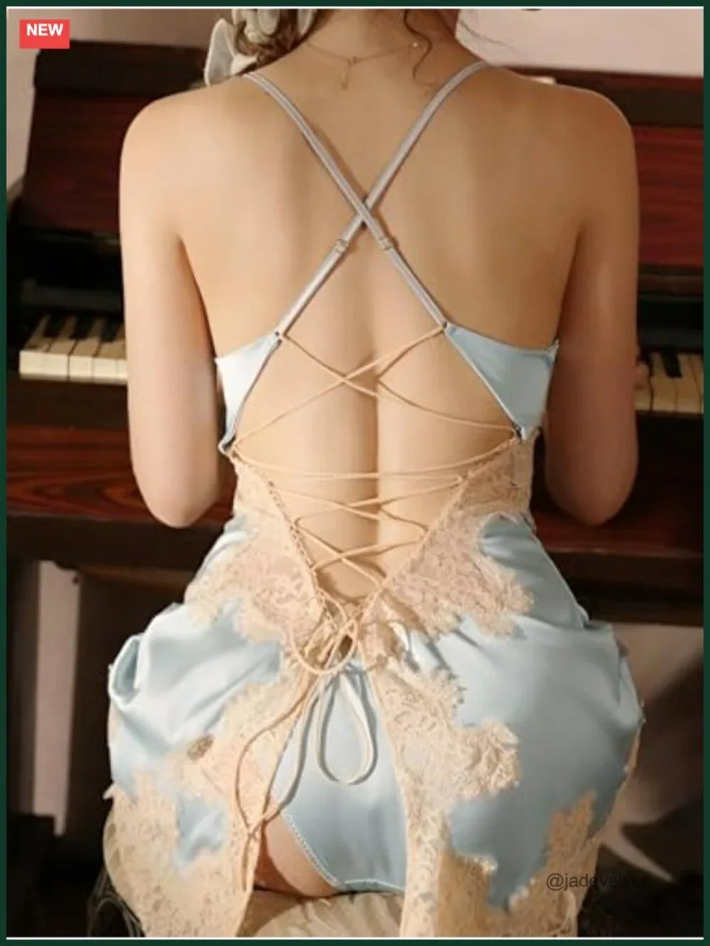 Sexy Silk Satin Lace Up Backless Babydoll Lingerie Dress with Panty 2pc